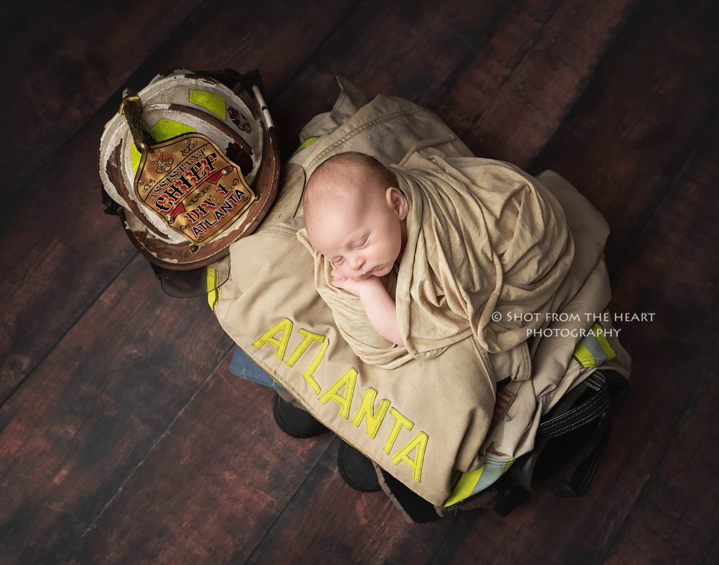 newborn baby photography with firefighter turnout bunker gear atlanta fire 