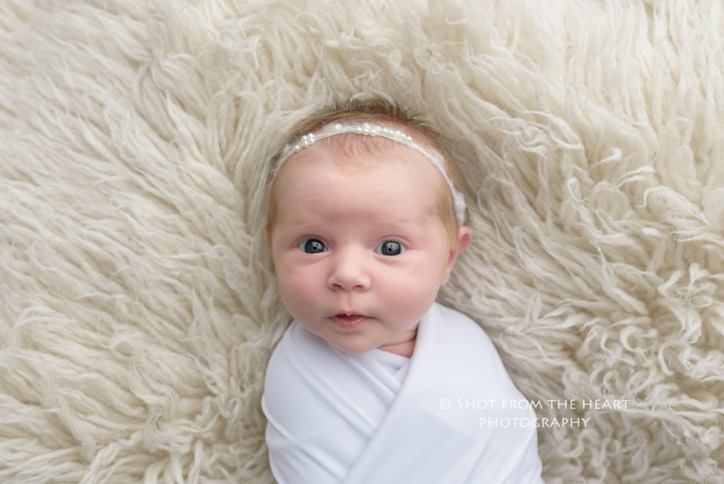 alert newborn baby in white wrap photography