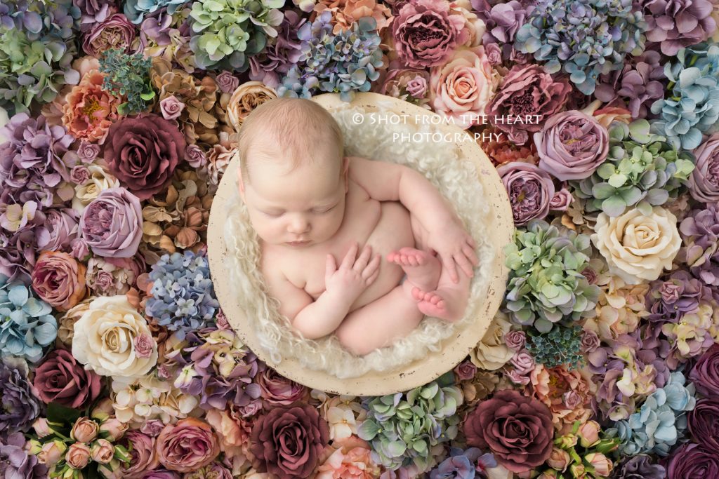 newborn baby surrounded by flowers, girly newborn photographer, Alpharetta Georgia, 