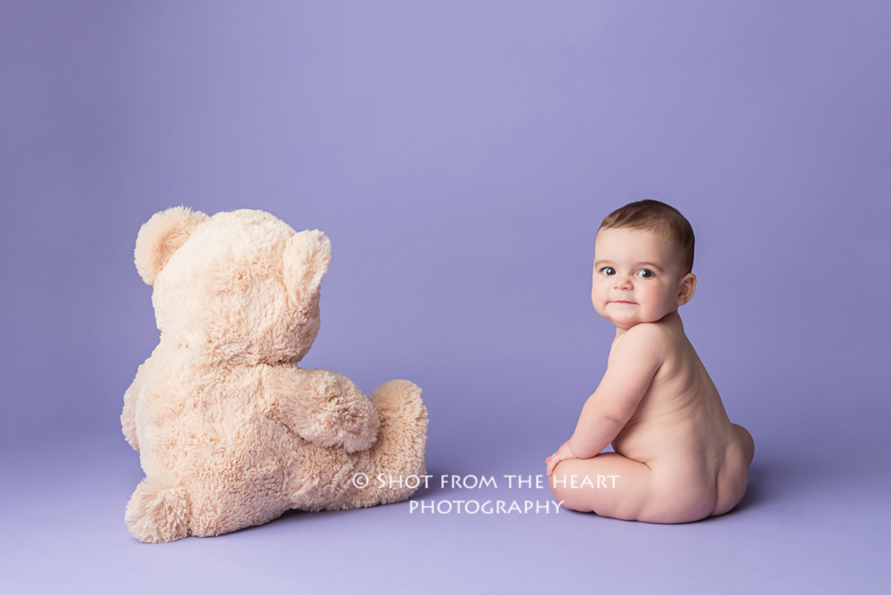 baby with teddy bear photography, purple backdrop