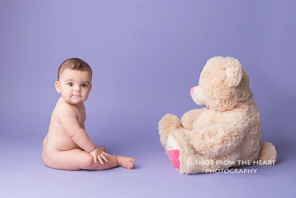 baby with teddy bear photography, purple backdrop