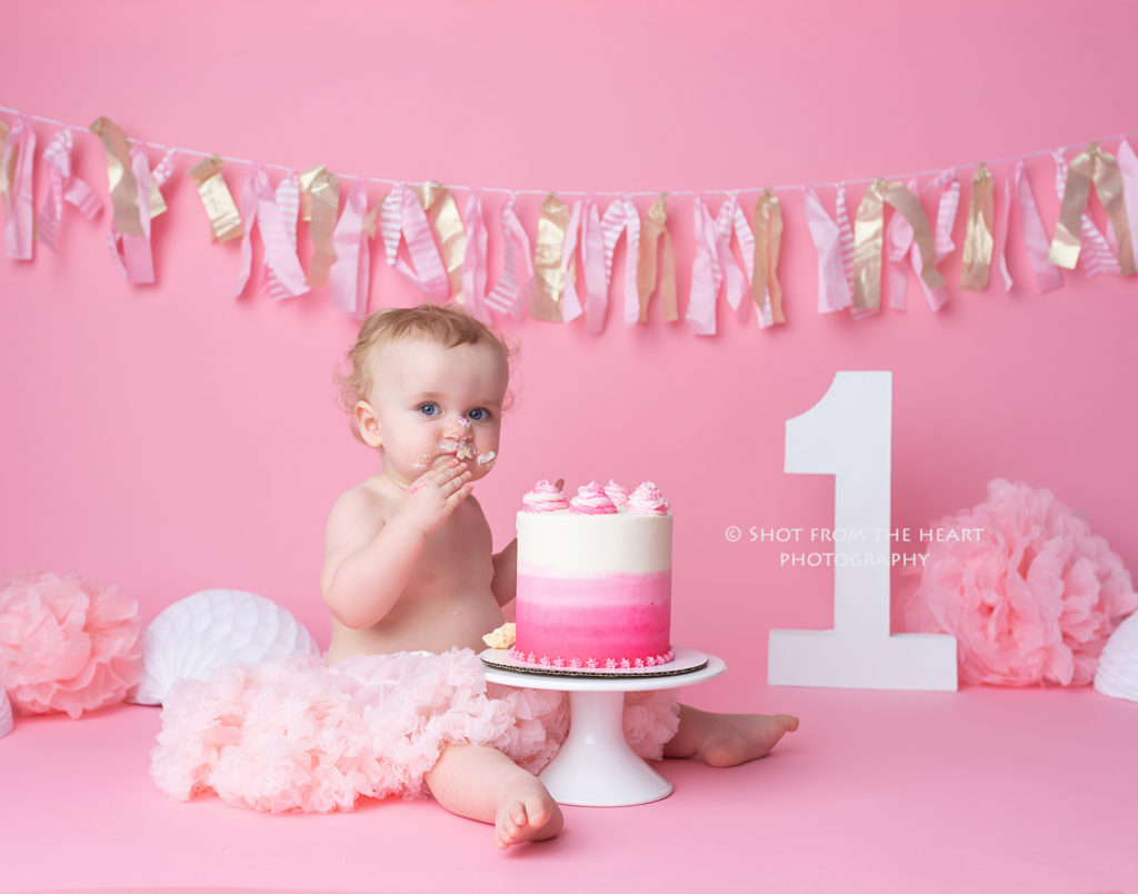 First birthday girl pink backdrop cake smash