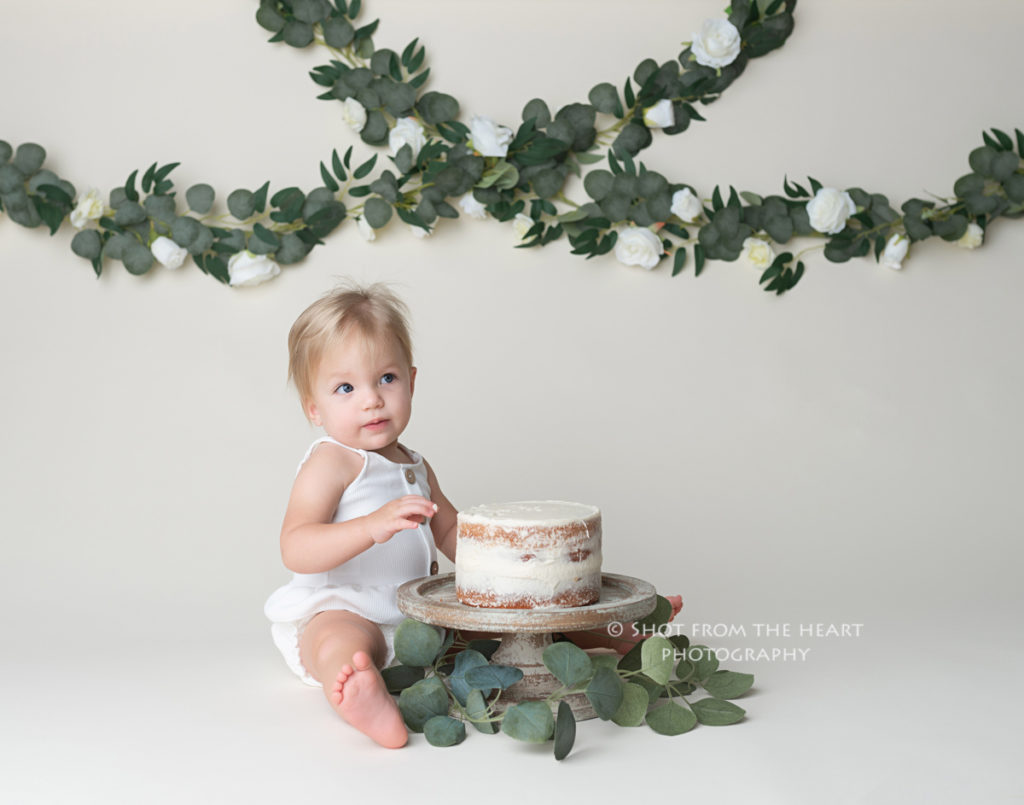 rustic neutral first birthday cake smash baby photography session with vines and greenery