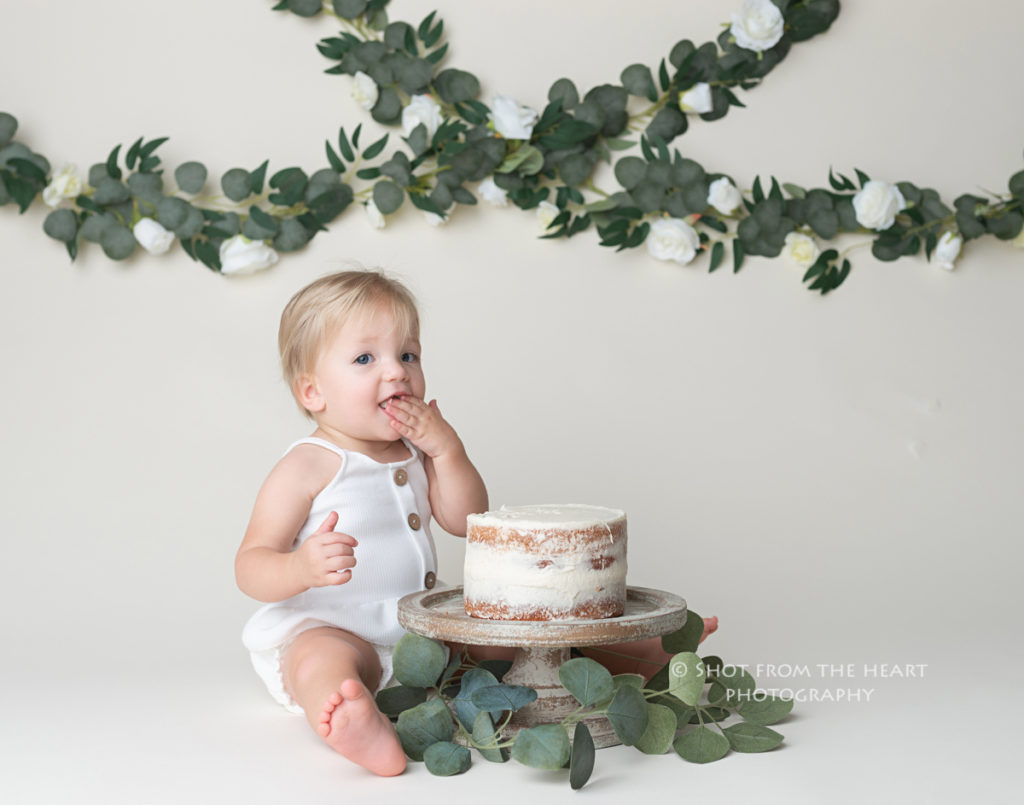 first birthday cake smash baby photography with simple neutral background and vines greenery