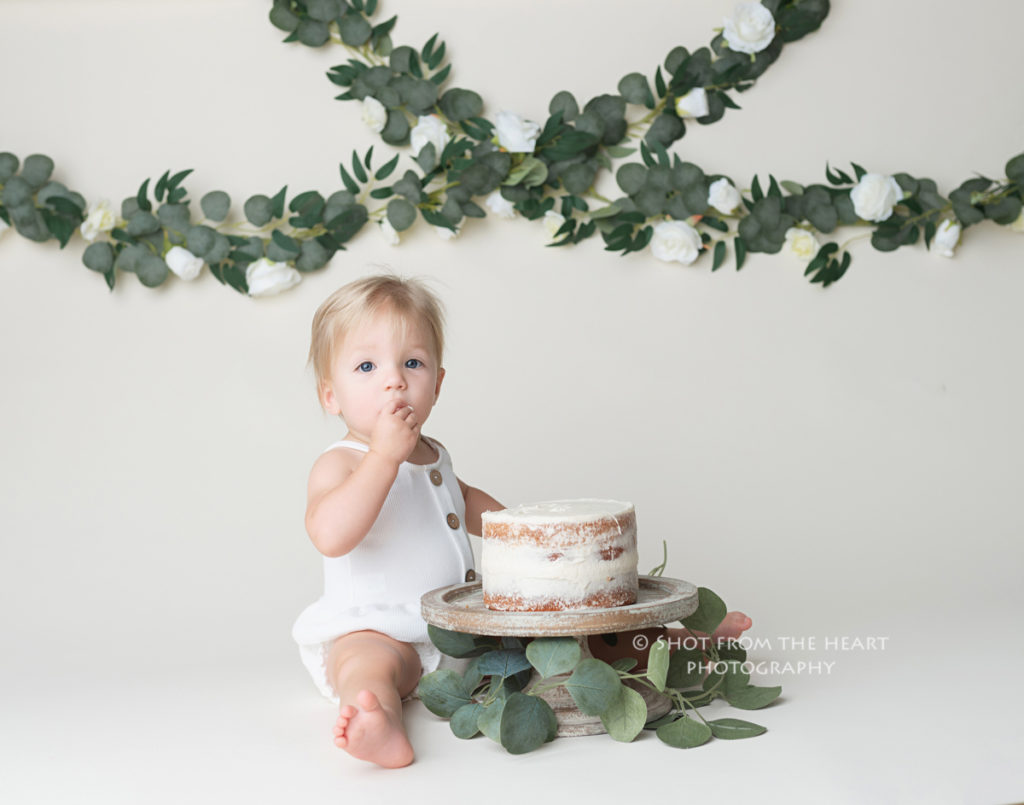 rustic neutral first birthday cake smash baby photography session with vines and greenery