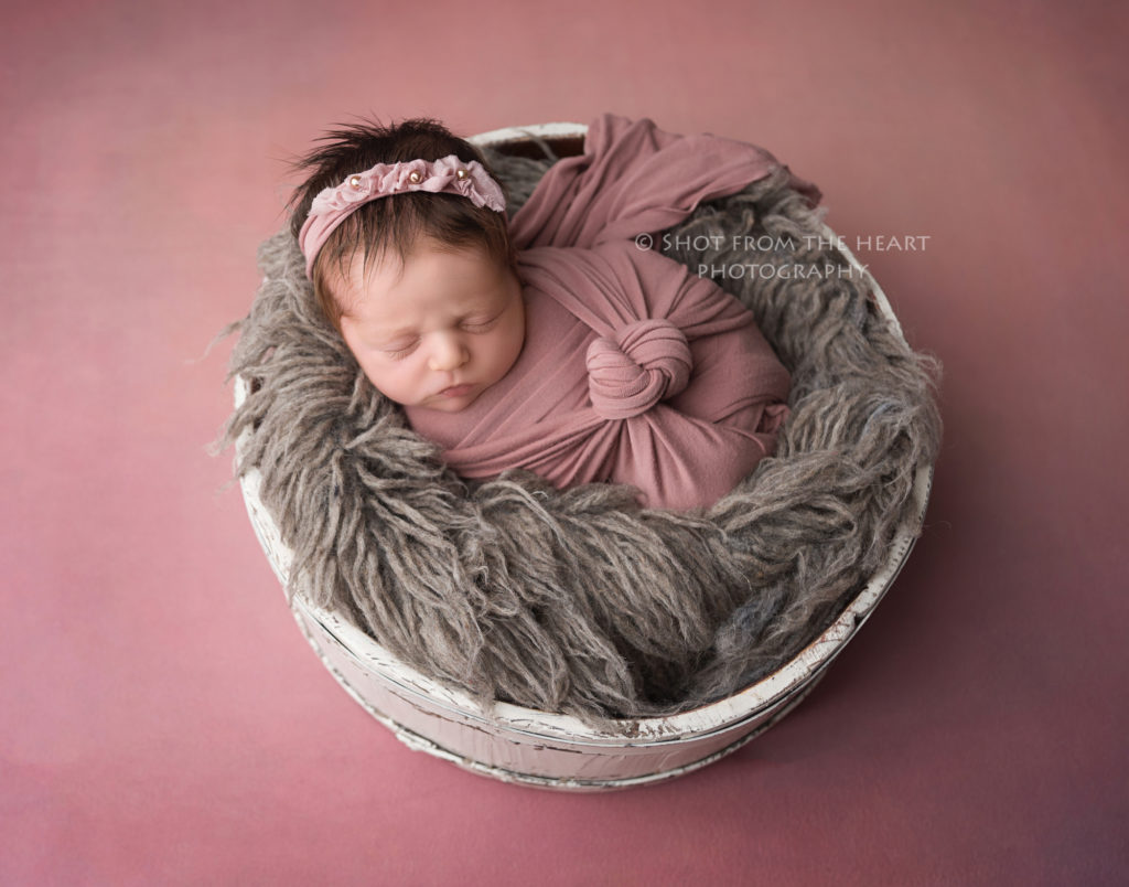 newborn baby photography swaddle rose pink and gray