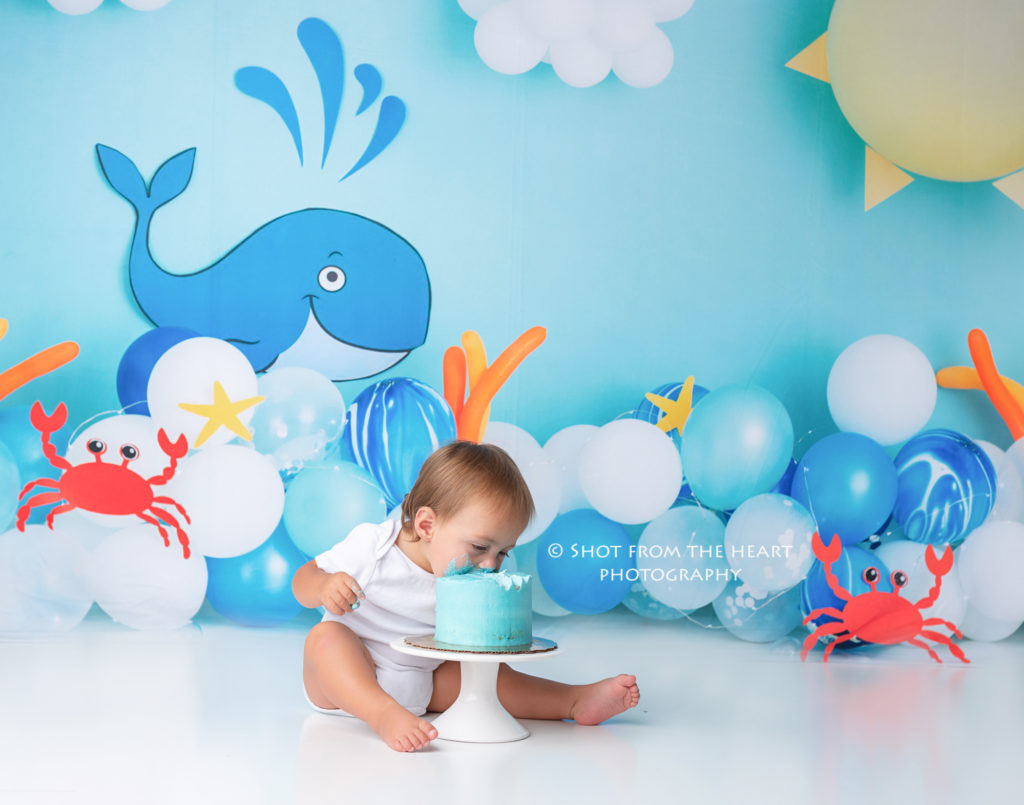 baby face plant into birthday cake whale ocean theme