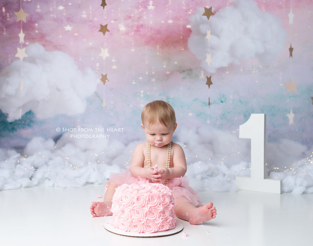 pink clouds girly first birthday cake smash photography
