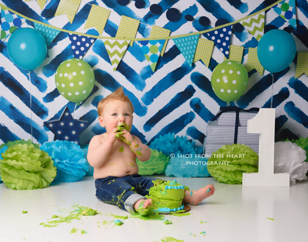blue and green theme first birthday cake smash baby photographer